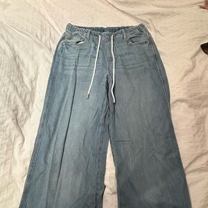 Casual Blue Wide-Leg Tie-Waist Jeans